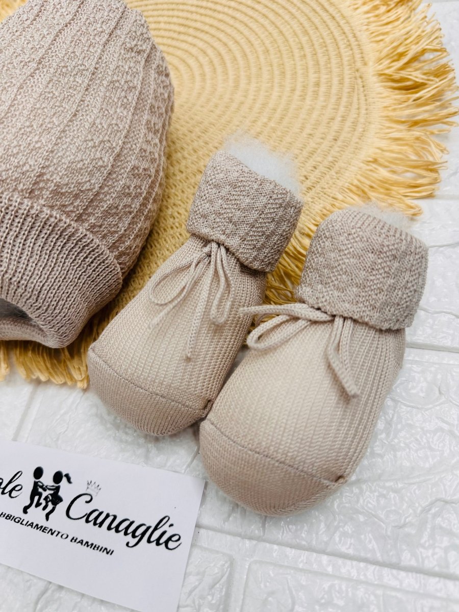 Cappello+Babbucce Beige Cotone B63 - Piccole Canaglie - PC25893