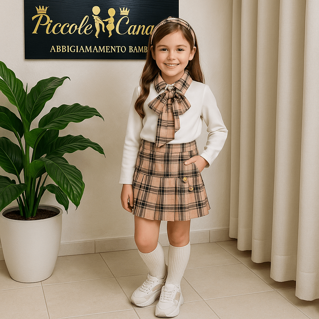 Completo maglia panna e gonna a pieghe tartan anni - Piccole Canaglie - PC22760