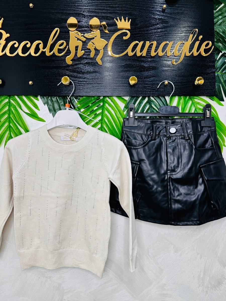 Completo Minigonna in Ecopelle Maglioncino Beige - Piccole Canaglie - PC24128