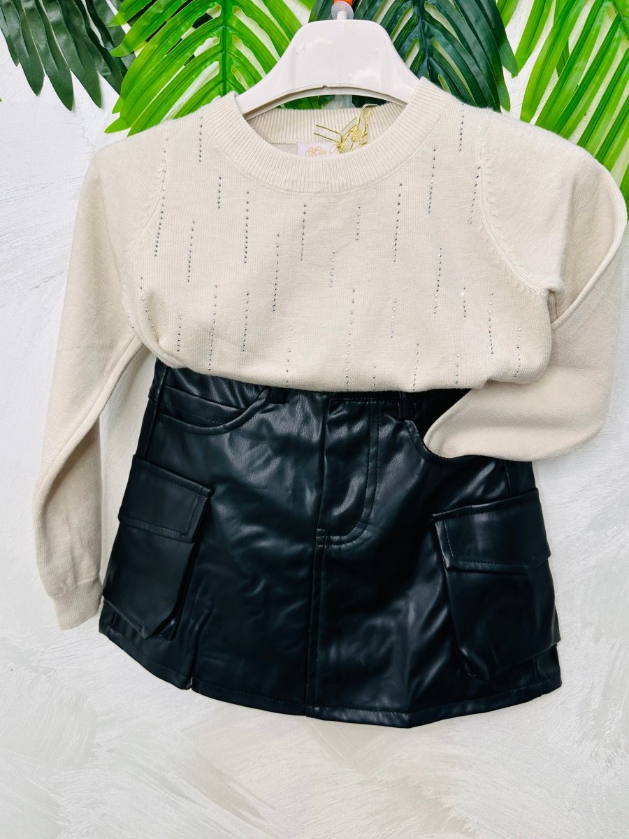 Completo Minigonna in Ecopelle Maglioncino Beige - Piccole Canaglie - PC24128