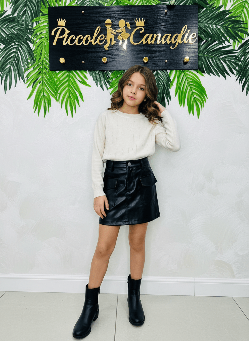 Completo Minigonna in Ecopelle Maglioncino Beige - Piccole Canaglie - PC24128