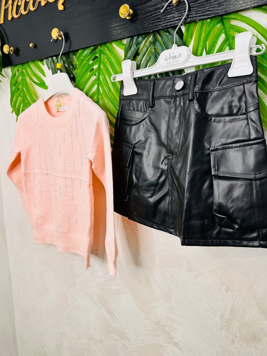 Completo Minigonna in Ecopelle Maglioncino Rosa - Piccole Canaglie - PC24133