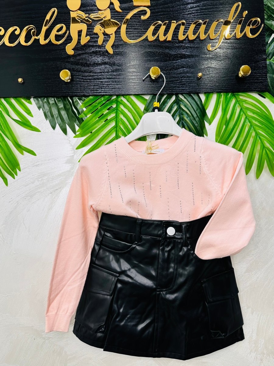 Completo Minigonna in Ecopelle Maglioncino Rosa - Piccole Canaglie - PC24133