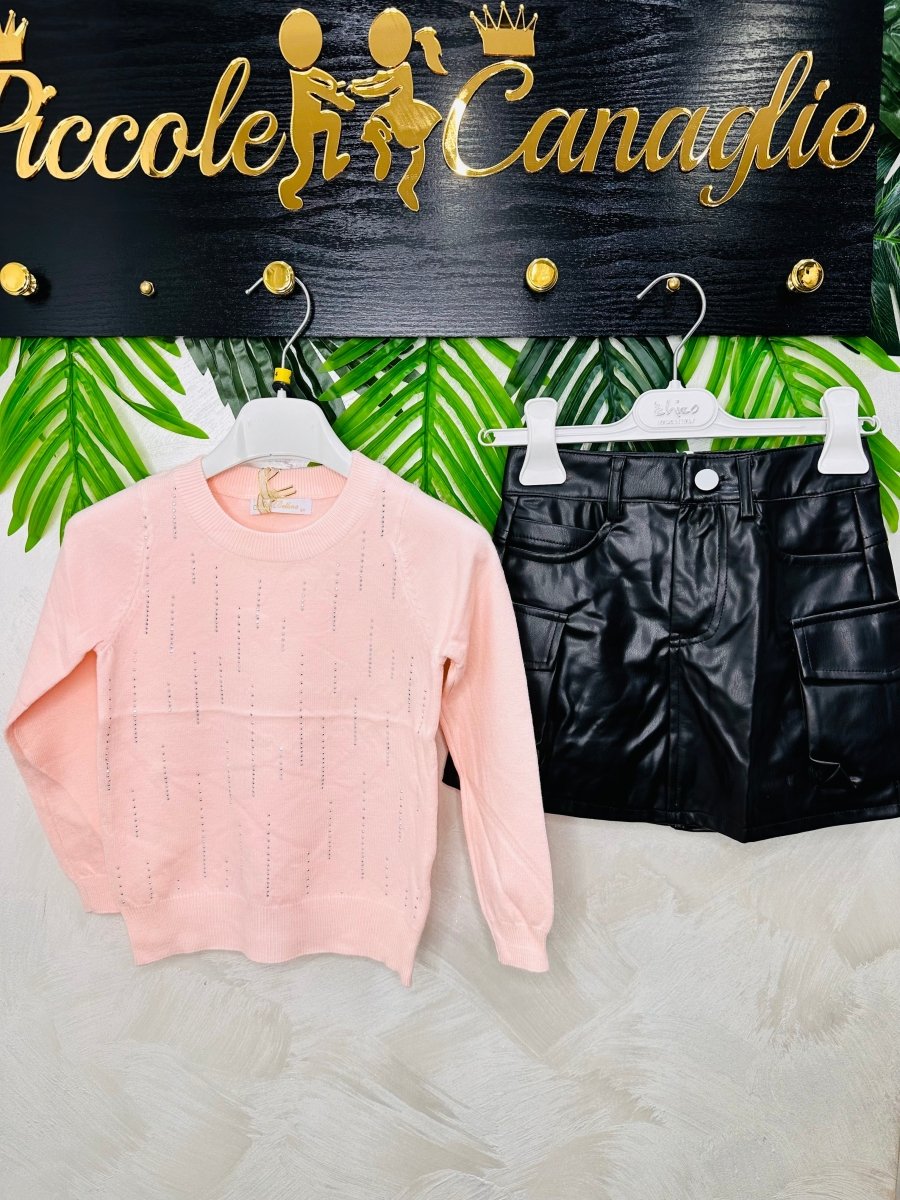 Completo Minigonna in Ecopelle Maglioncino Rosa - Piccole Canaglie - PC24133