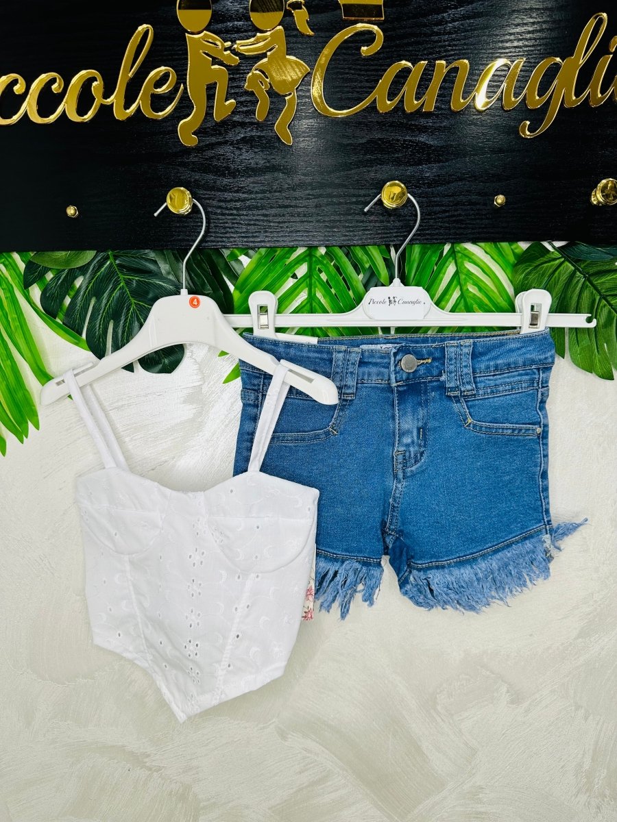 Completo Pantaloncini Sfilacciato Bianco - Piccole Canaglie - PC29357