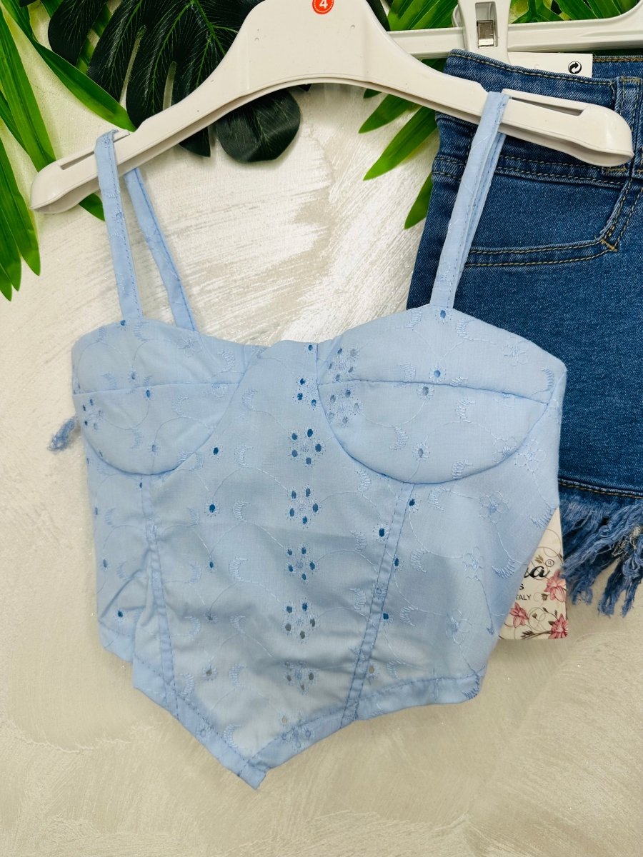 Completo Pantaloncini Sfilacciato Celeste - Piccole Canaglie - PC29351