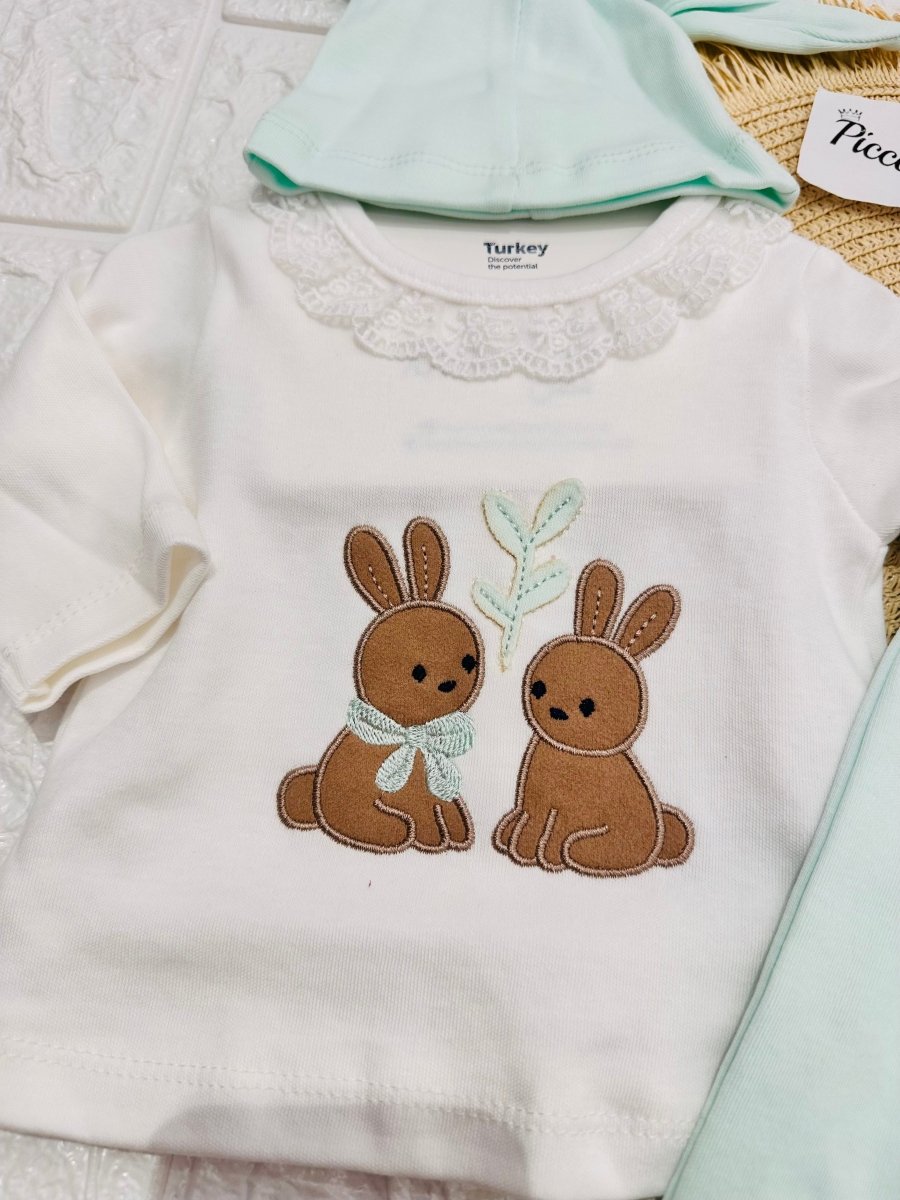 Completo Tutina Con Accessori Cotone Coniglietti Acquamarina - Piccole Canaglie - PC29148