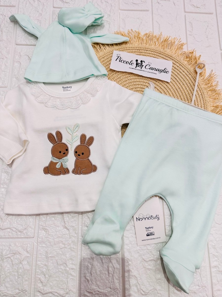 Completo Tutina Con Accessori Cotone Coniglietti Acquamarina - Piccole Canaglie - PC29148