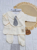 Completo Tutina Con Accessori Cotone Cravattino Panna - Piccole Canaglie - PC29158
