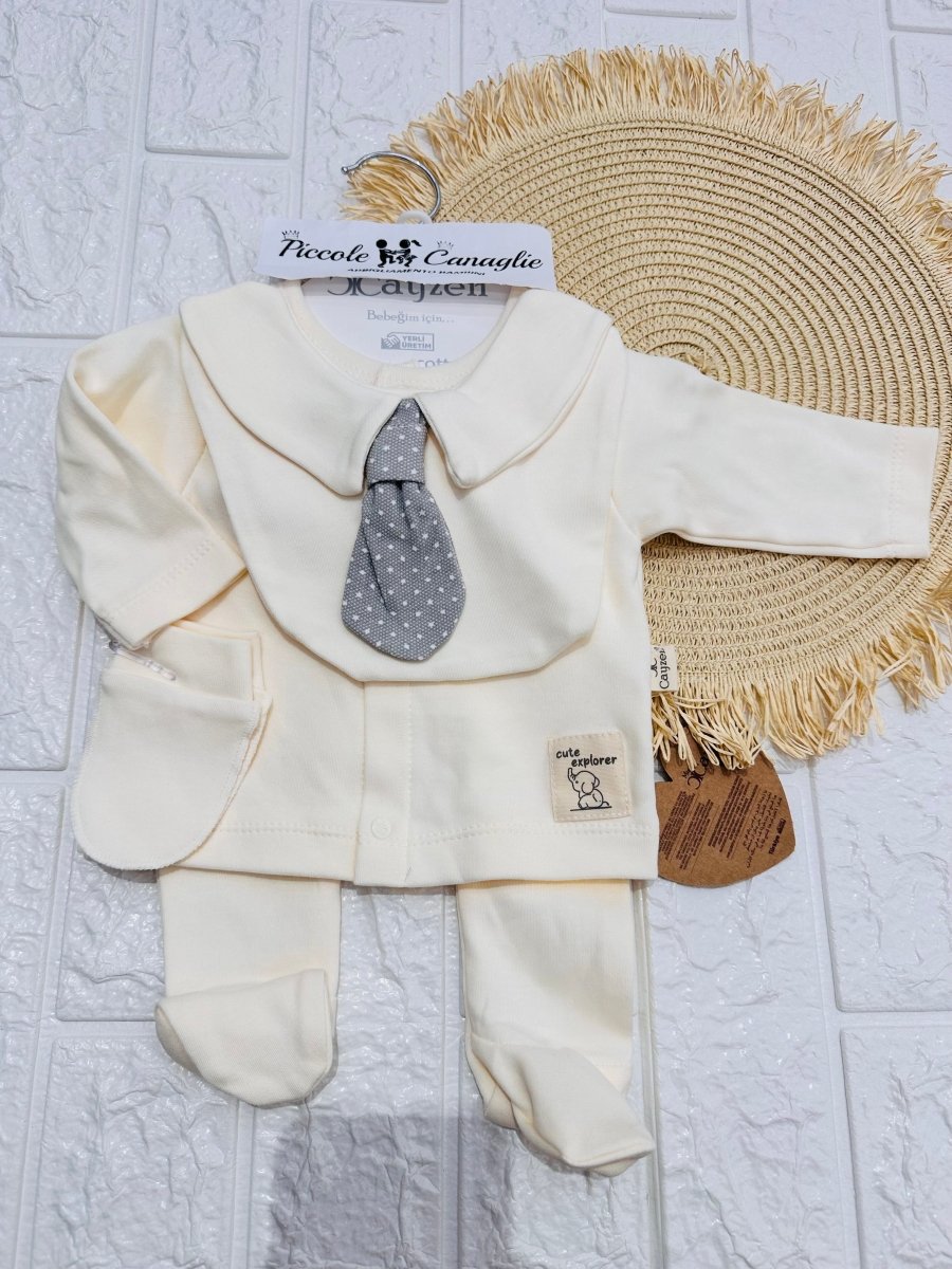 Completo Tutina Con Accessori Cotone Cravattino Panna - Piccole Canaglie - PC29158