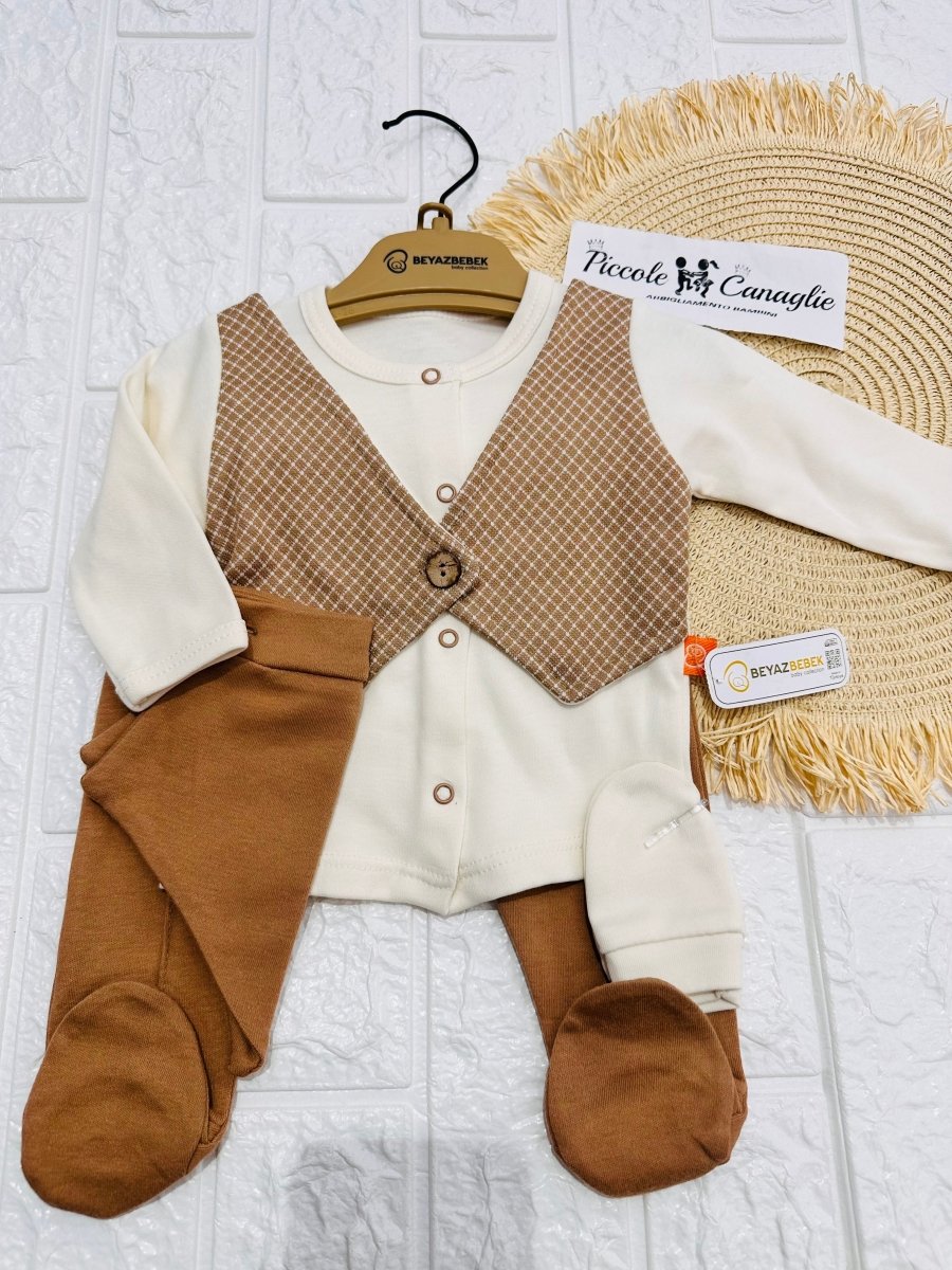 Completo Tutina Con Accessori Cotone Gilet Marroncino - Piccole Canaglie - PC29160