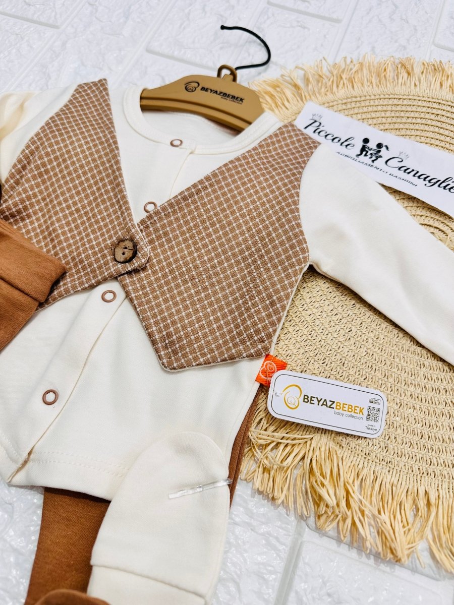 Completo Tutina Con Accessori Cotone Gilet Marroncino - Piccole Canaglie - PC29160