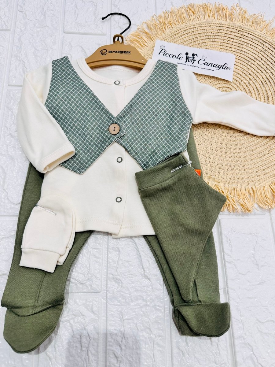 Completo Tutina Con Accessori Cotone Gilet Verde - Piccole Canaglie - PC29161
