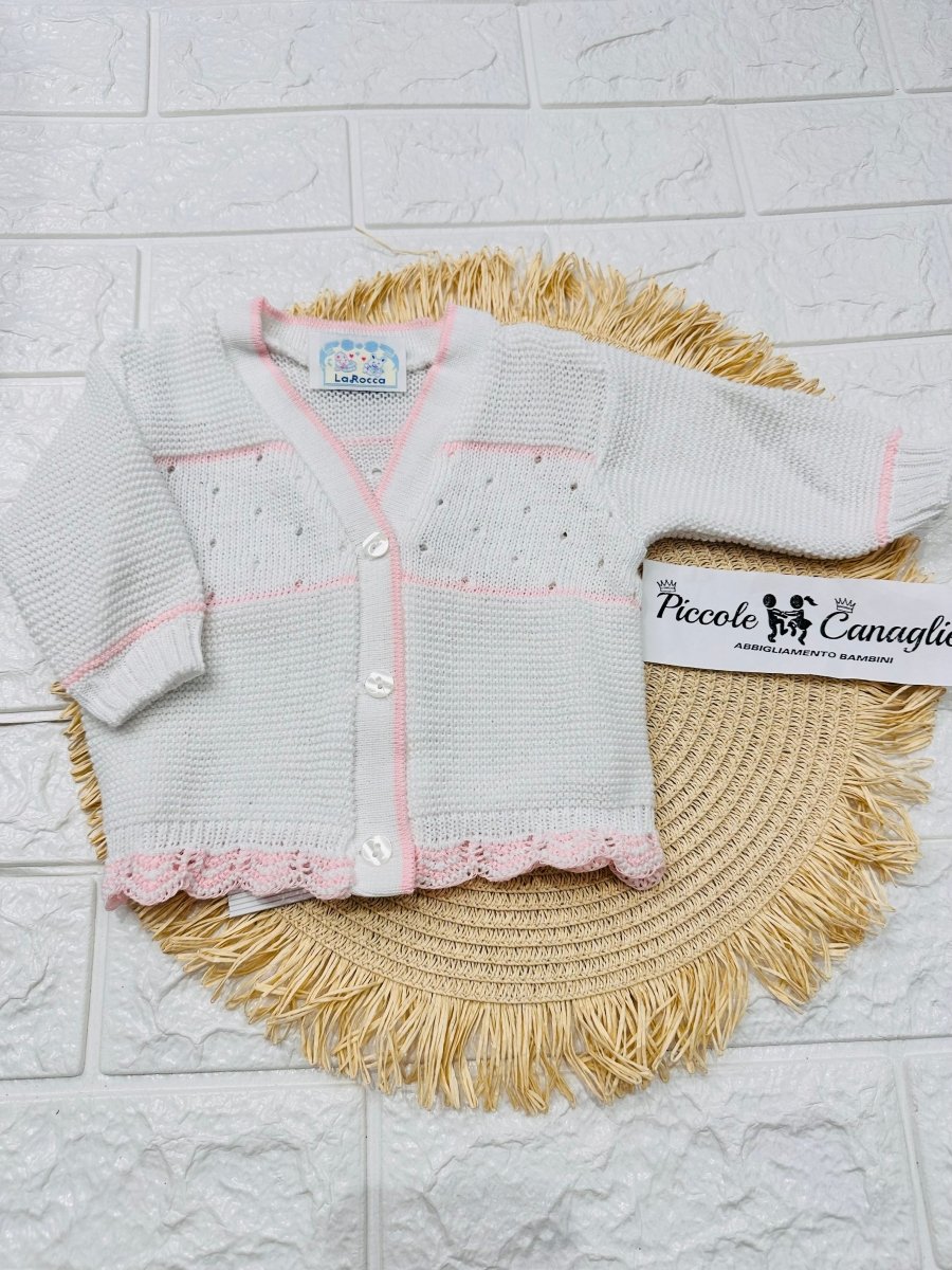 Giacchettino In Filo Rosa E Bianco E520 0 - 6 Mesi - Piccole Canaglie - PC28502