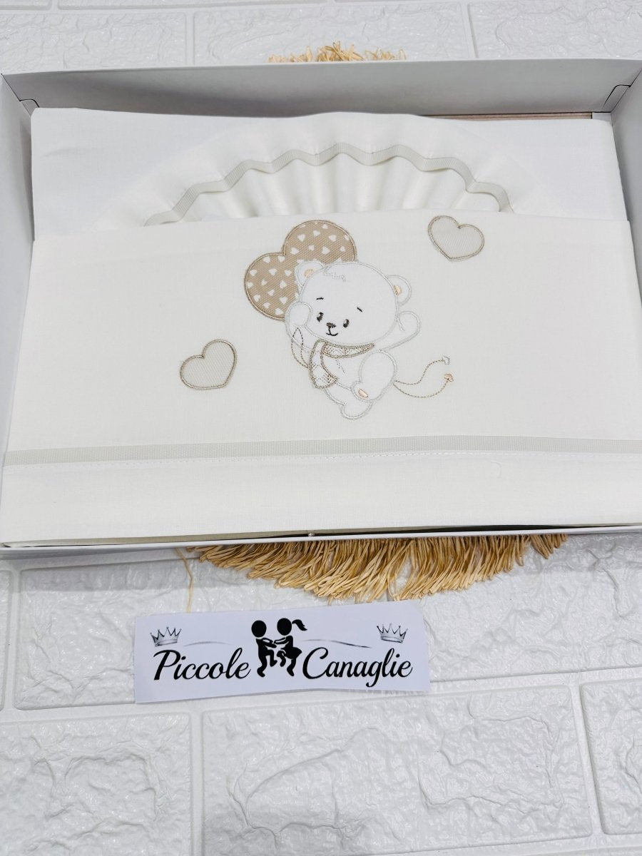 Lenzuola carrozzina orso cuore palloncino tortora LC015183 - Piccole Canaglie - PC29984
