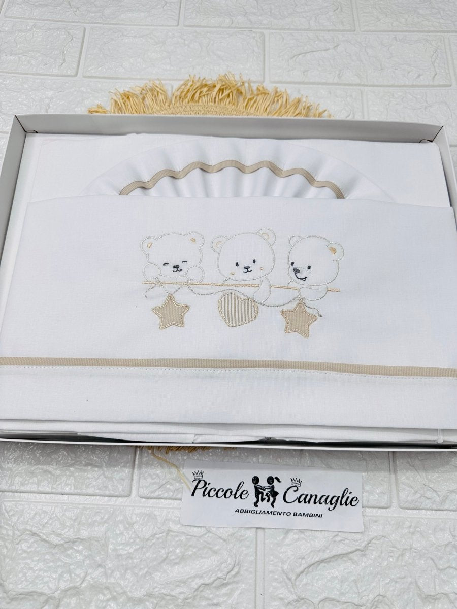 Lenzuola Culla Orsetti Cuore E Stelle Beige Ll018169 - Piccole Canaglie - PC28491