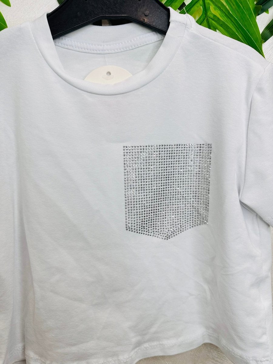 Maglia cotone taschino brillantini argento B3808 - Piccole Canaglie - PC26474