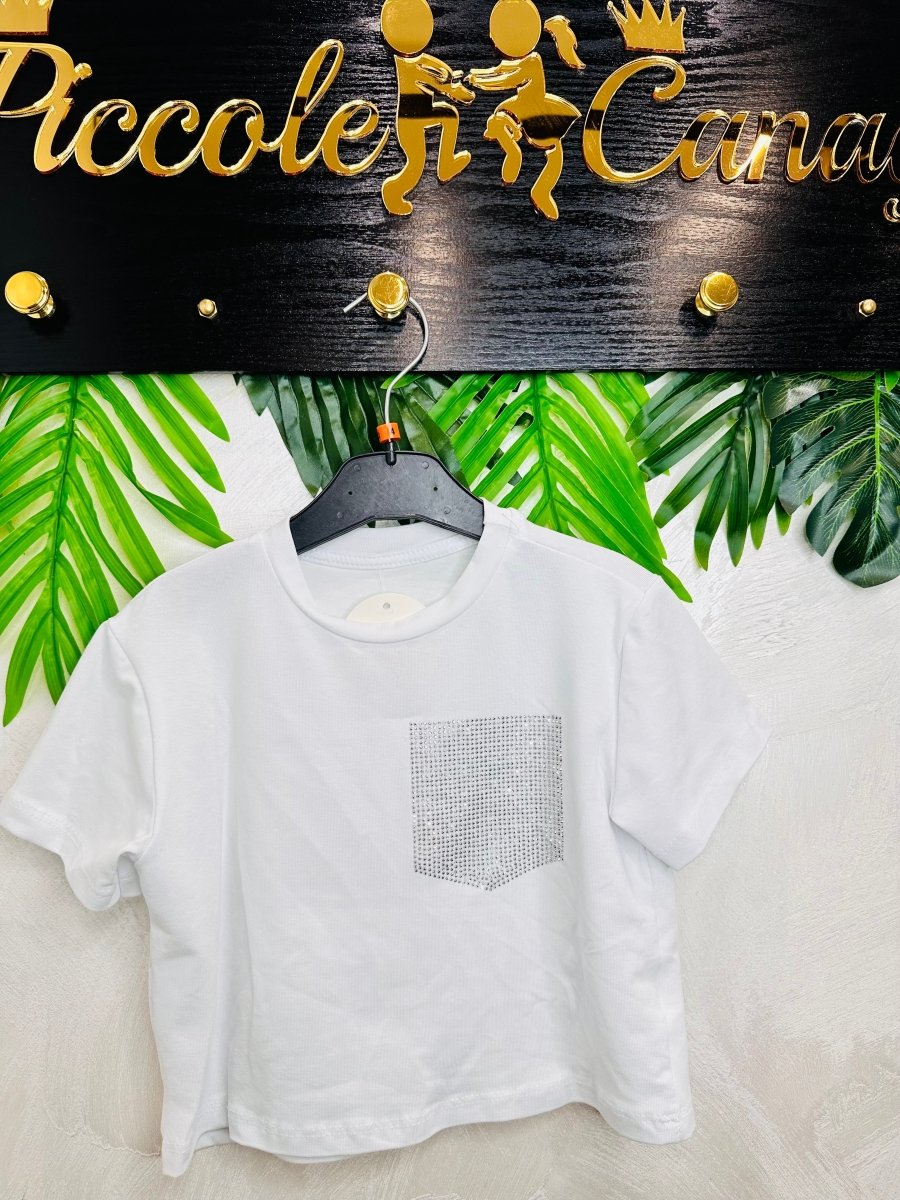 Maglia cotone taschino brillantini argento B3808 - Piccole Canaglie - PC26474