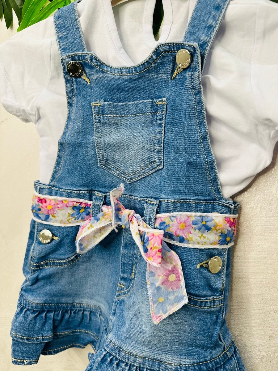 Salopetta Jeans Gonna Cinturino Fiori 0345 - Piccole Canaglie - PC27443