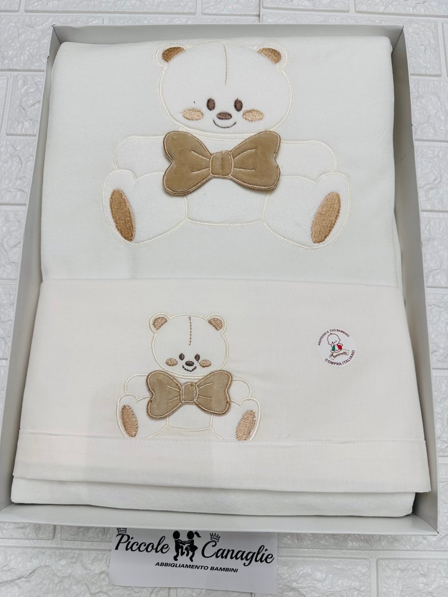 Set completo carrozzina ciniglia orso fiocco panna 35411 - Piccole Canaglie - PC23328