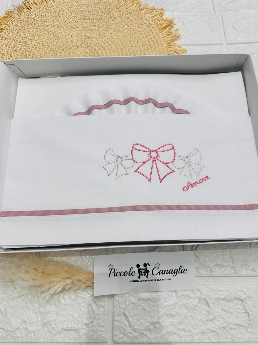 Set Lenzuola Carrozzina fiocchi rosa antico Lc015168 - Piccole Canaglie - PC26433