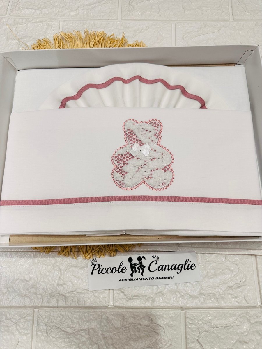 Set Lenzuola carrozzina LC015121 orso pizzo rosa antico - Piccole Canaglie - PC24863