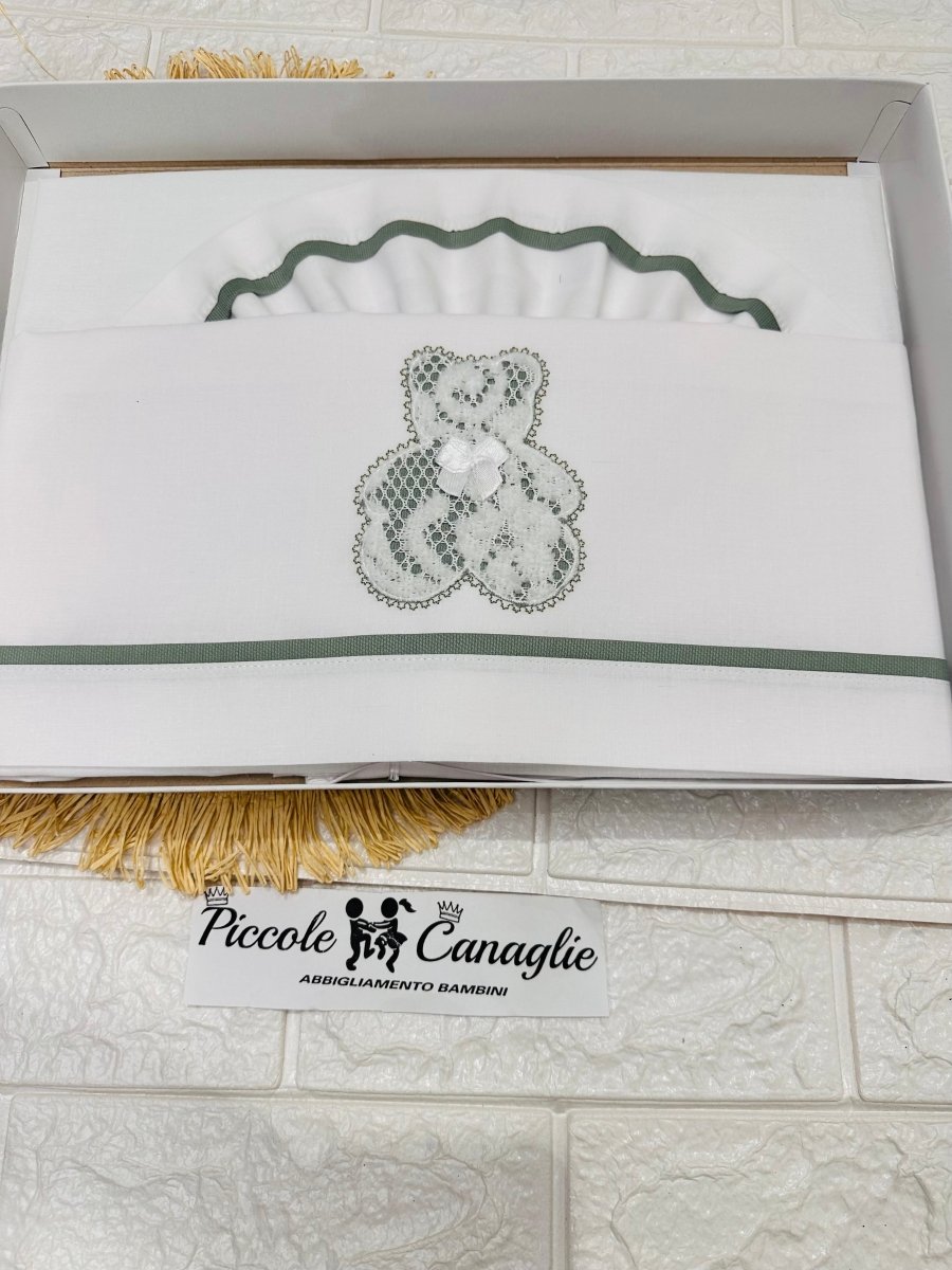 Set Lenzuola carrozzina LC015121 orso pizzo verde - Piccole Canaglie - PC24928