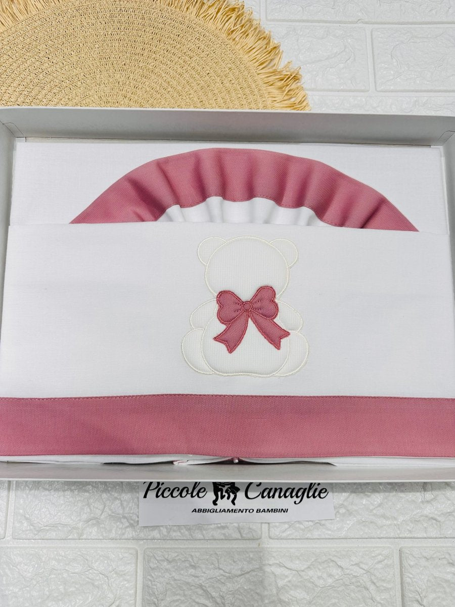 Set Lenzuola carrozzina LC015166 orsi fiocco dietro rosa antico - Piccole Canaglie - PC24869