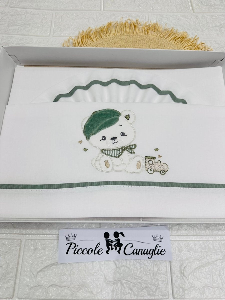 Set Lenzuola Carrozzina Orsetto Simpatico Verde Lc015179 - Piccole Canaglie - PC30006
