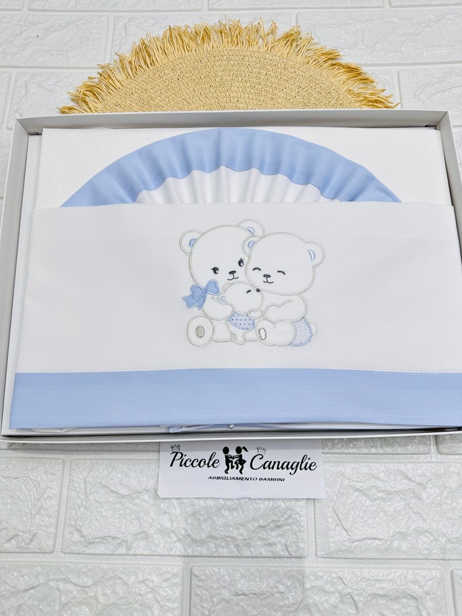 Set Lenzuola Carrozzina Orsi Abbracci Celeste Lc015177 - Piccole Canaglie - PC27588