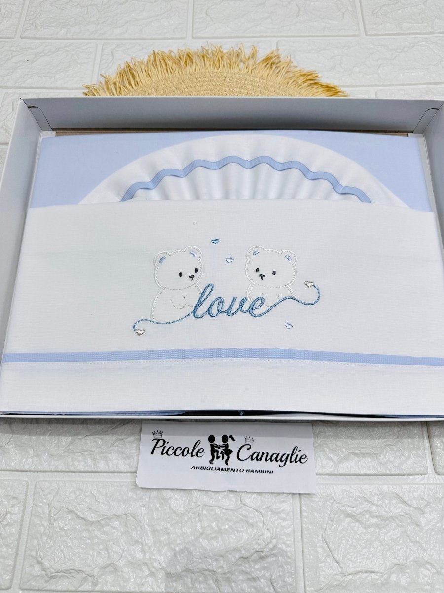 Set Lenzuola Carrozzina Orsi Love Celeste Lc015174 - Piccole Canaglie - PC27586