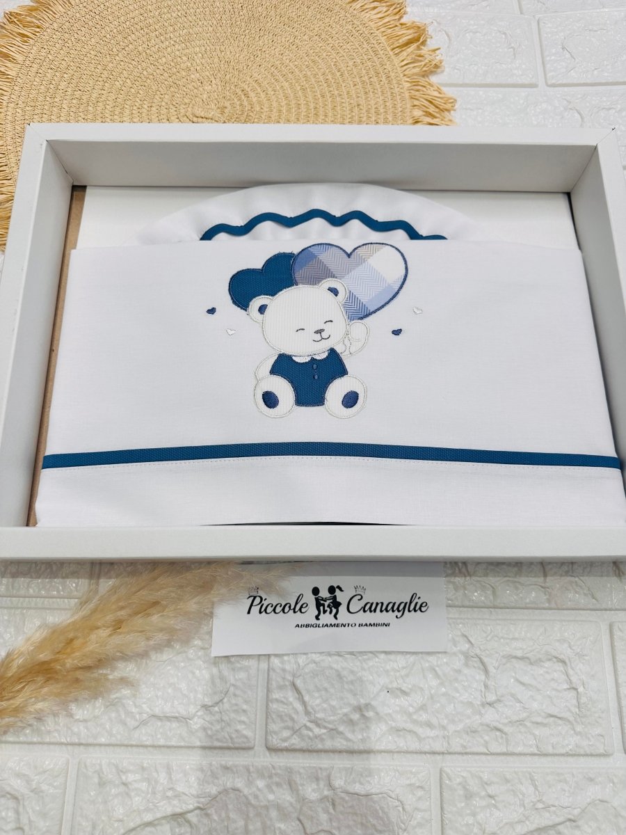 Set Lenzuola Carrozzina Orso cuore blu Lc015171 - Piccole Canaglie - PC26444