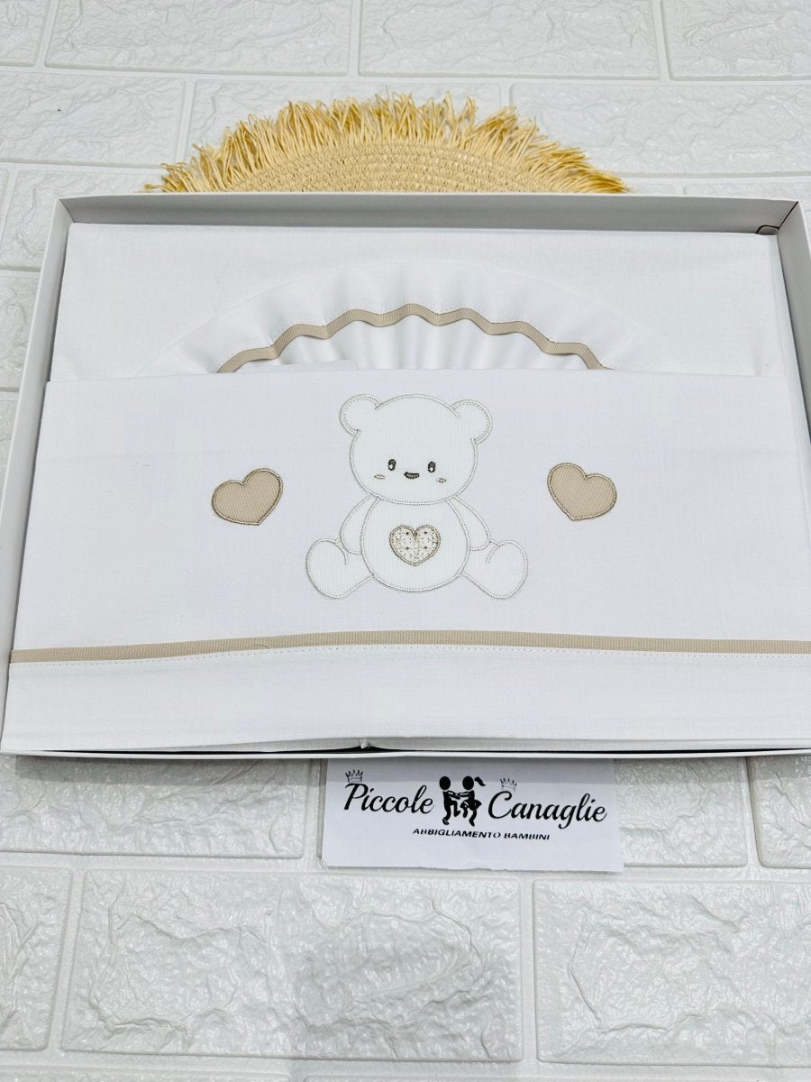 Set Lenzuola Carrozzina Orso Cuori Beige Lc015176 - Piccole Canaglie - PC27583