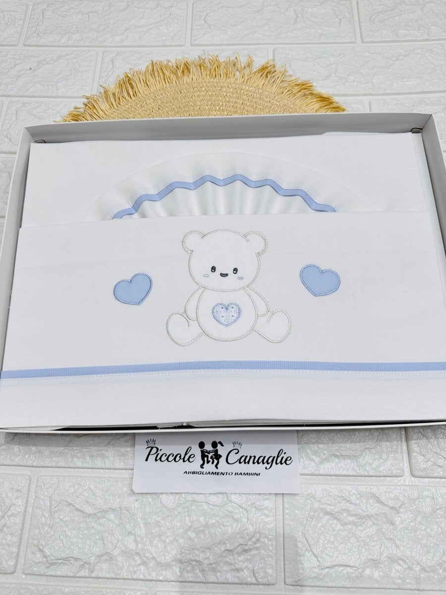 Set Lenzuola Carrozzina Orso Cuori Celeste Lc015176 - Piccole Canaglie - PC27585