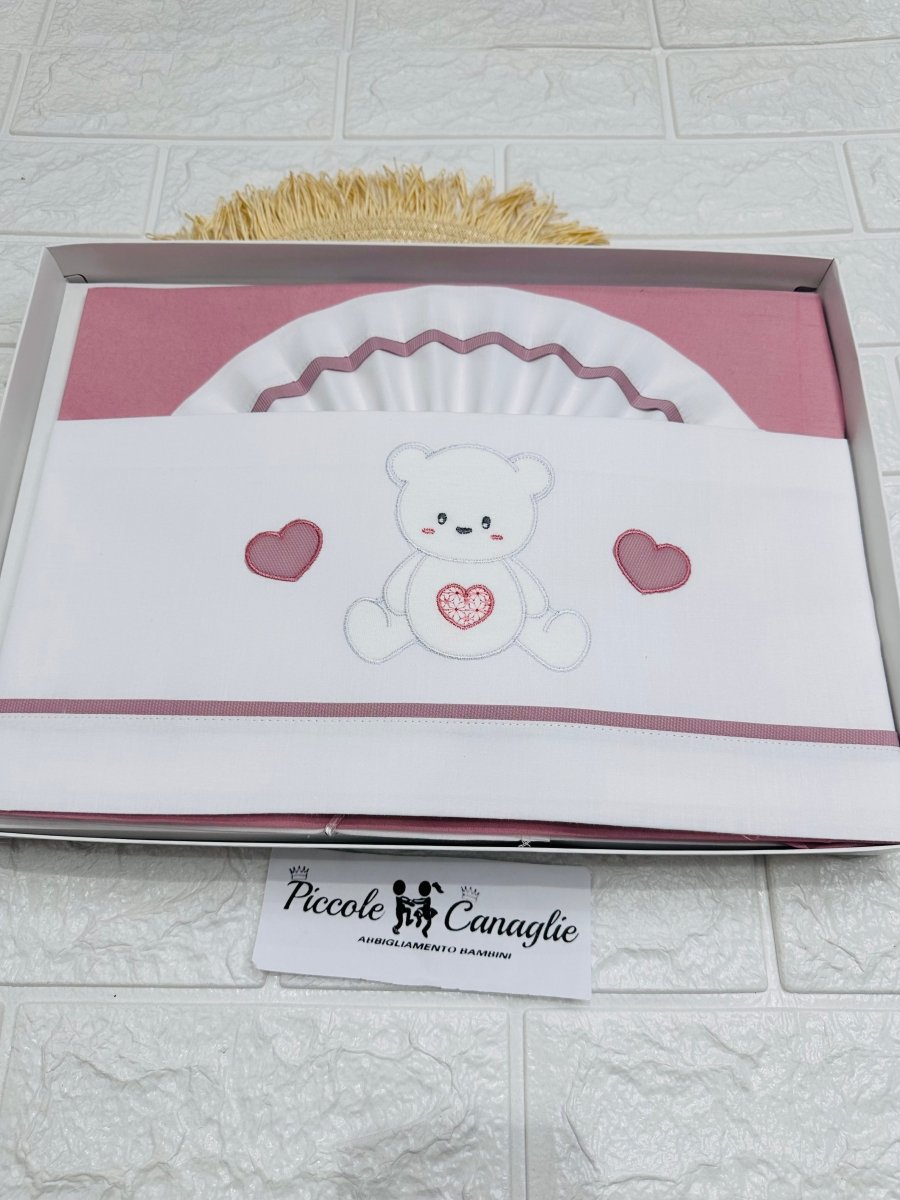 Set Lenzuola Carrozzina Orso Cuori Rosa Antico Lc015176 - Piccole Canaglie - PC27664