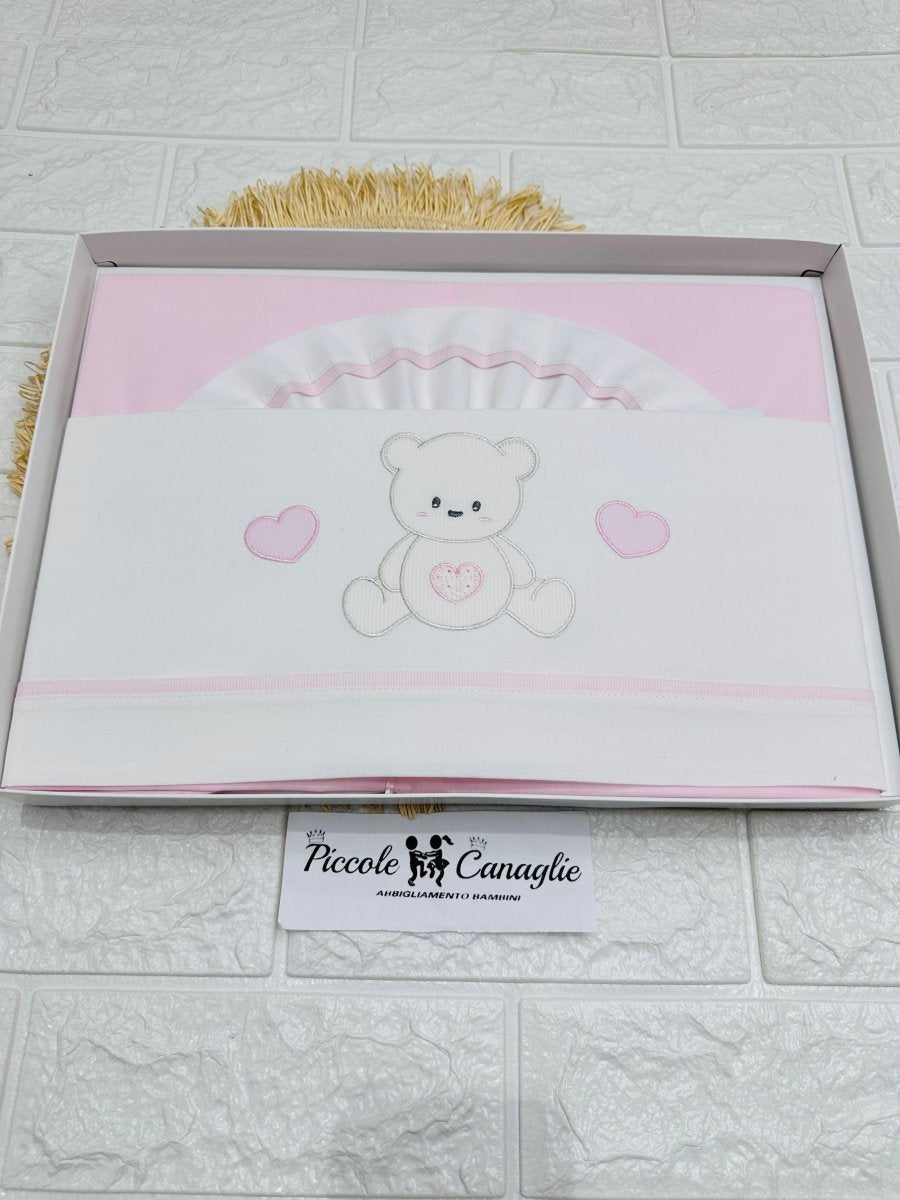 Set Lenzuola Carrozzina Orso Cuori Rosa Lc015176 - Piccole Canaglie - PC27665