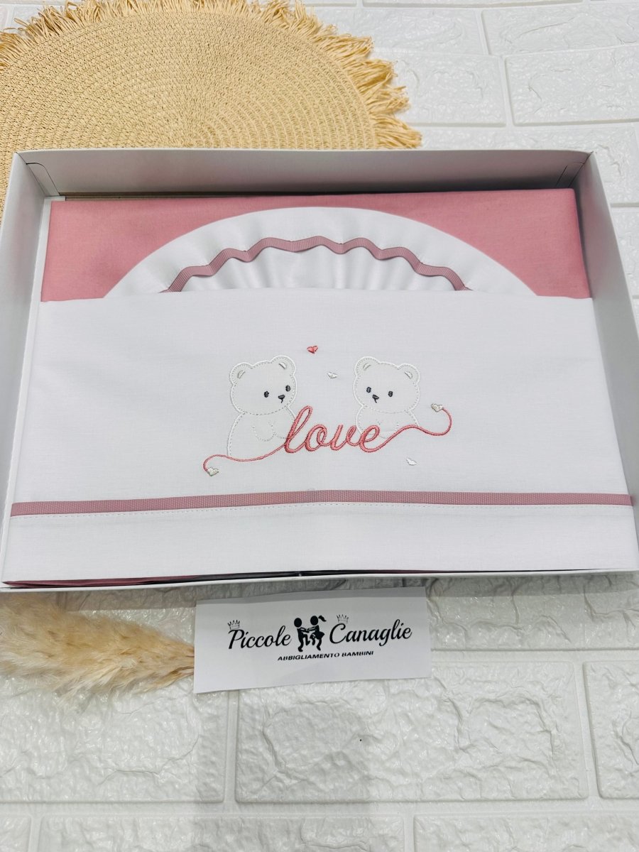 Set Lenzuola Carrozzina Orso love rosa antico Lc015174 - Piccole Canaglie - PC26436