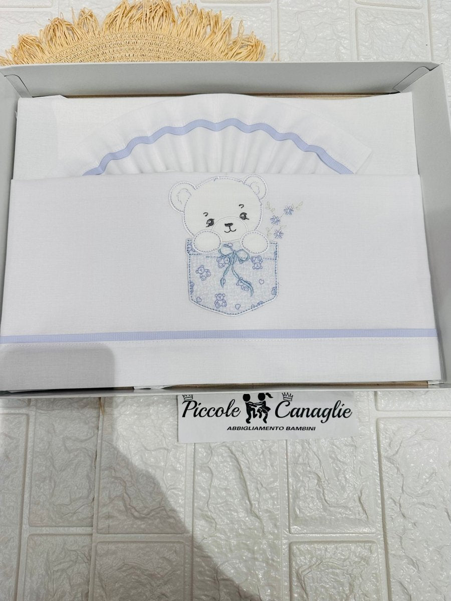 Set Lenzuola Carrozzina Orso taschino celeste Lc015173 - Piccole Canaglie - PC26415