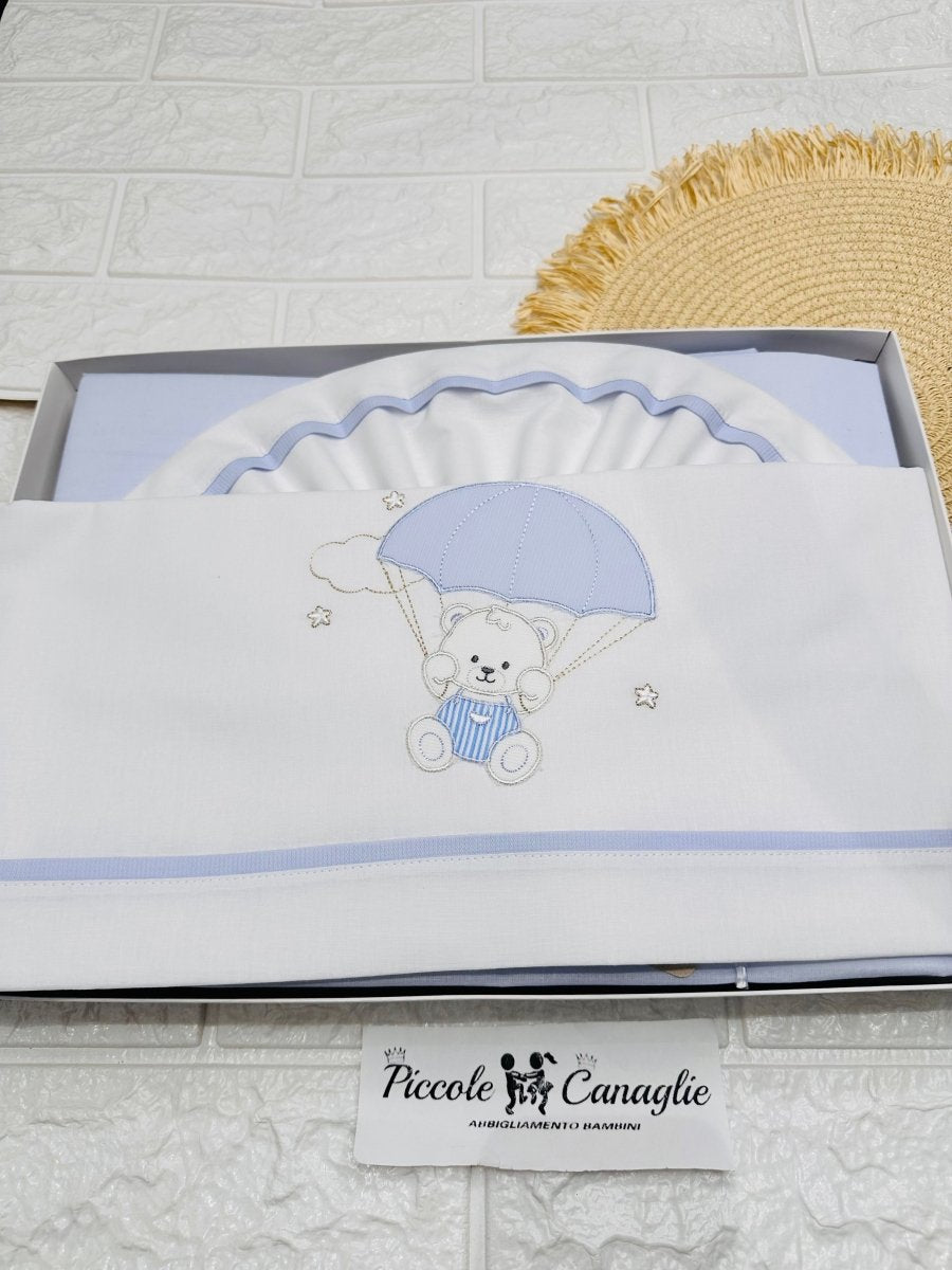 Set Lenzuola Culla Celeste Orso Paracadute Ll018175 - Piccole Canaglie - PC29753