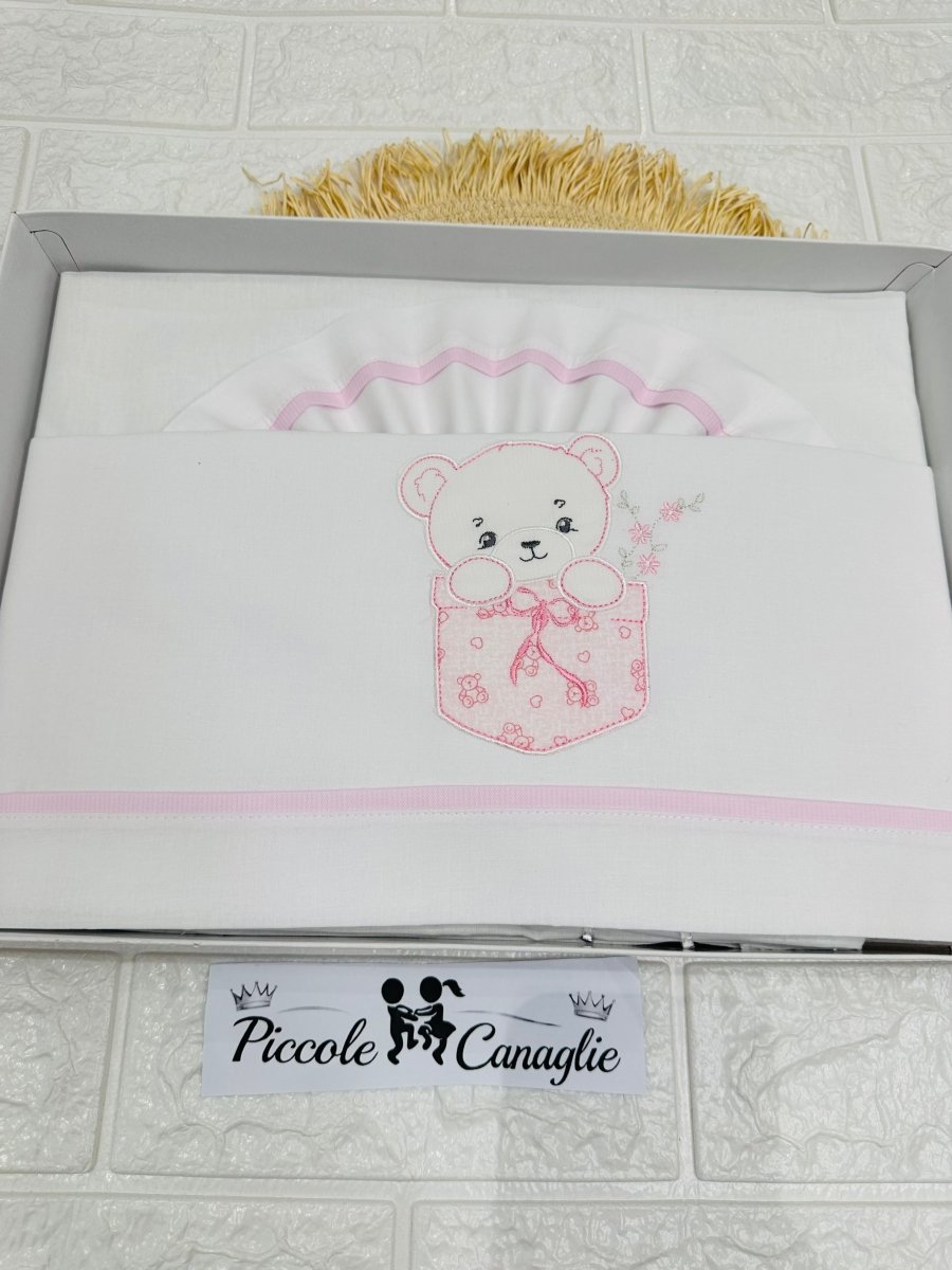 Set Lenzuola Culla Orso Taschino Rosa Ll018173 - Piccole Canaglie - PC30010