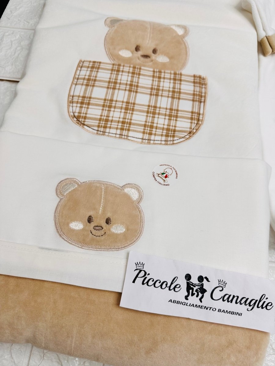 Set Nascita Ciniglia Orso Taschino Quadri Beige - Piccole Canaglie - 