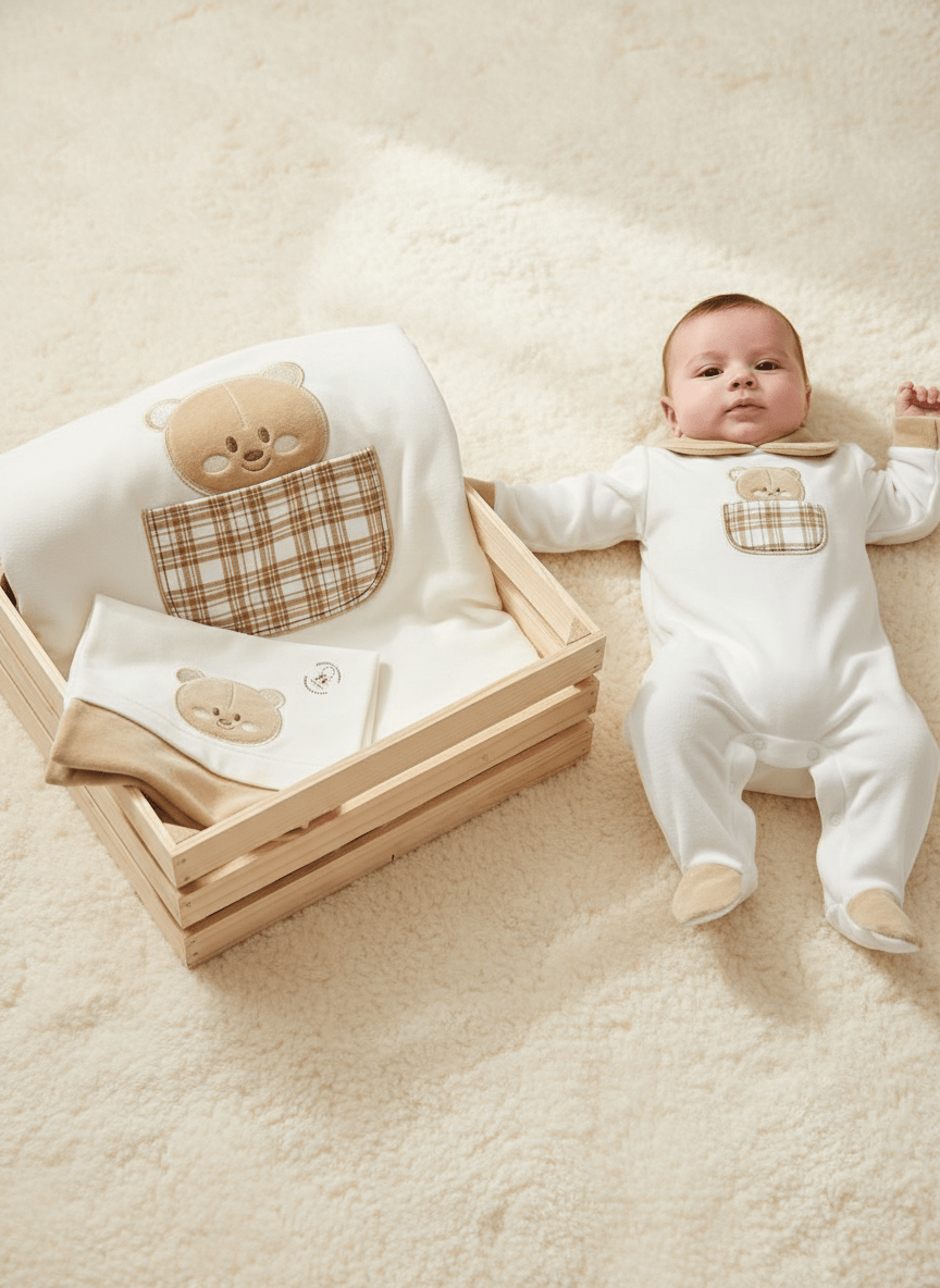 Set Nascita Ciniglia Orso Taschino Quadri Beige - Piccole Canaglie - 