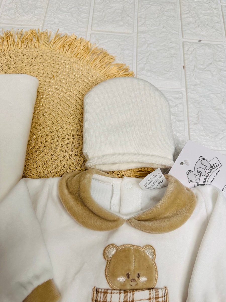 Set Nascita Ciniglia Orso Taschino Quadri Beige - Piccole Canaglie - 