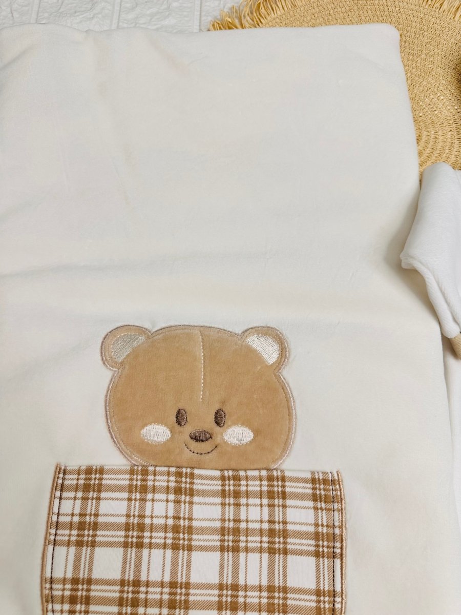 Set Nascita Ciniglia Orso Taschino Quadri Beige - Piccole Canaglie - 