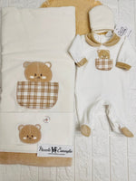 Set Nascita Ciniglia Orso Taschino Quadri Beige - Piccole Canaglie - 