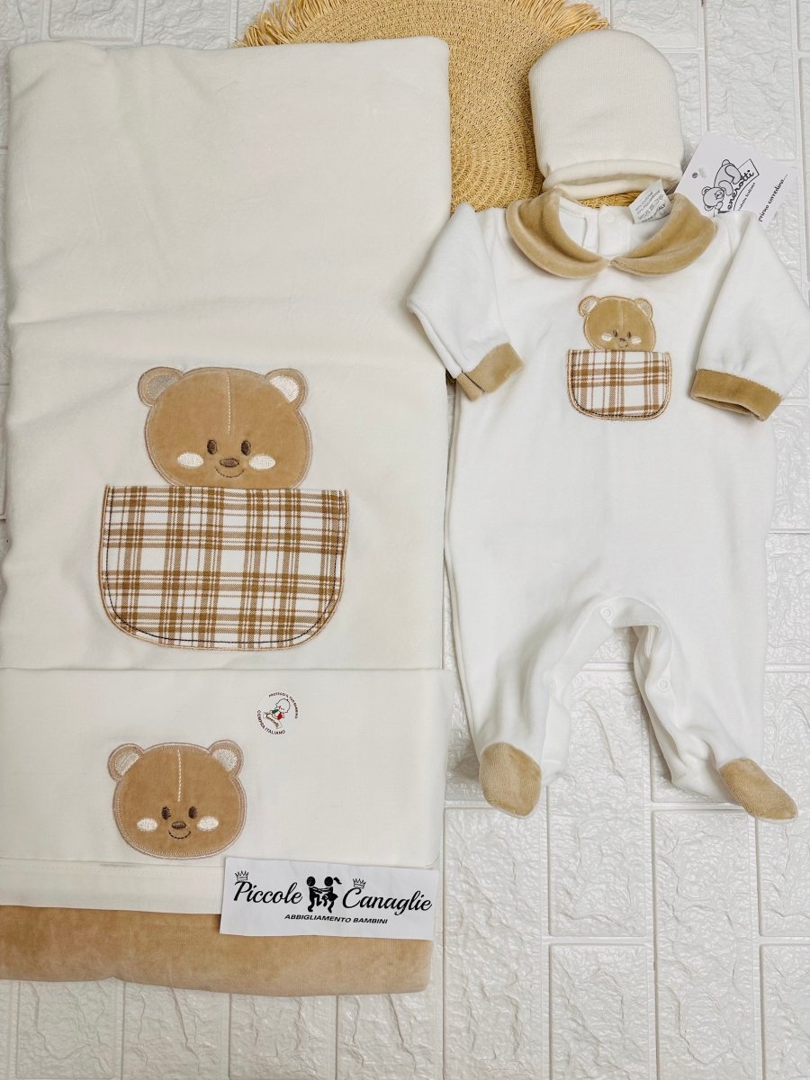 Set Nascita Ciniglia Orso Taschino Quadri Beige - Piccole Canaglie - 