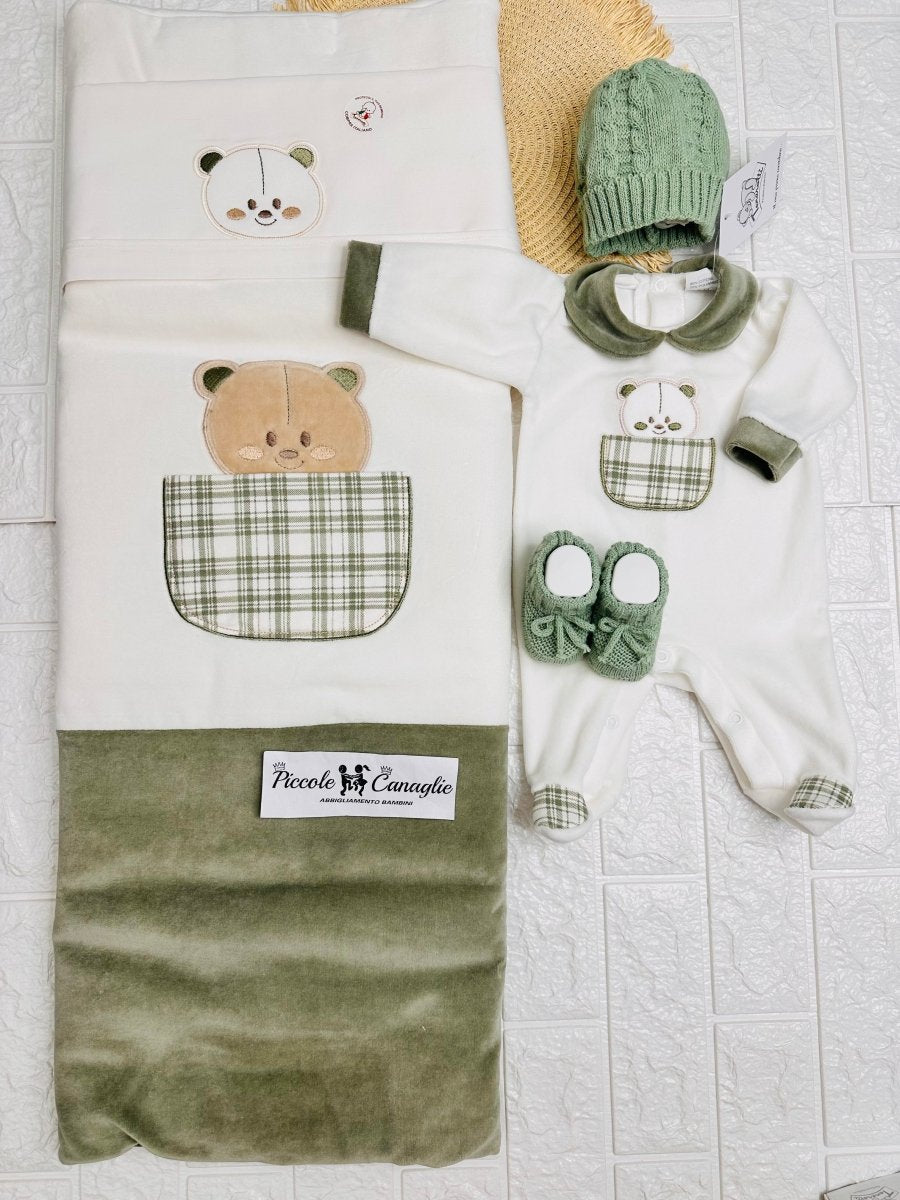 Set Nascita Ciniglia Orso Taschino Quadri Verdi - Piccole Canaglie - 