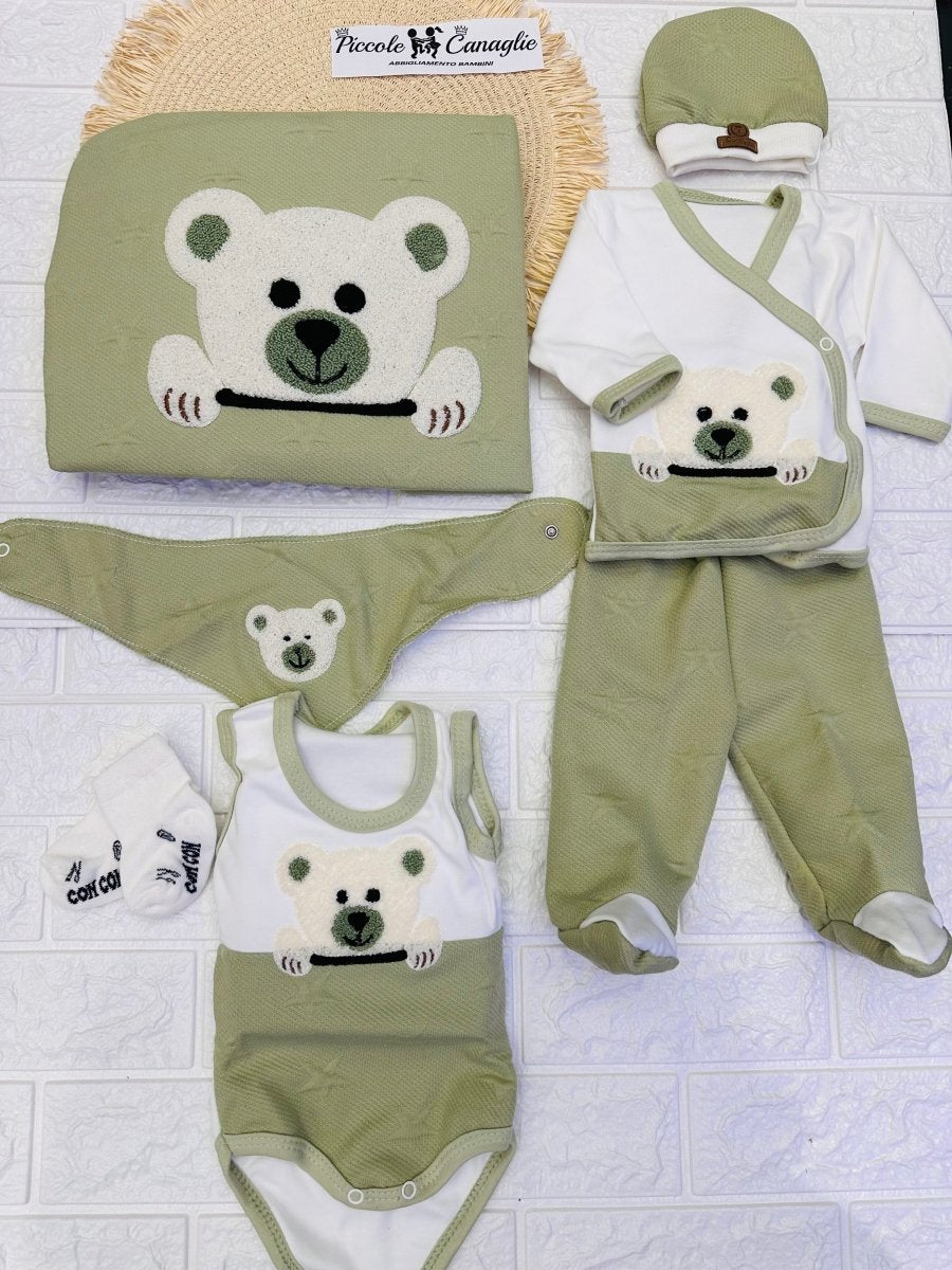 Set Nascita in cotone orsetto Verde - Piccole Canaglie - 