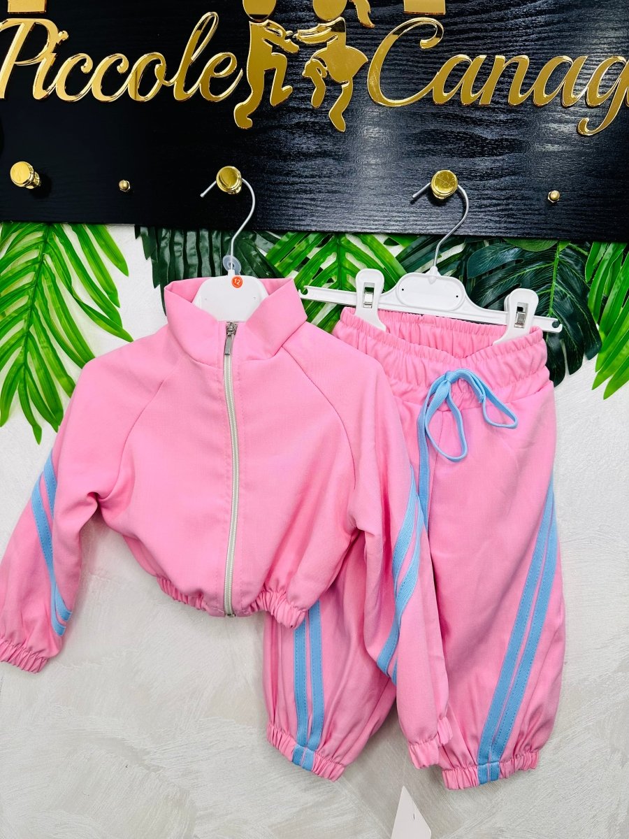 Tuta Baby Rosa Vogue Con Bande Laterali Celeste Tessuto Leggero - Piccole Canaglie - PC26953