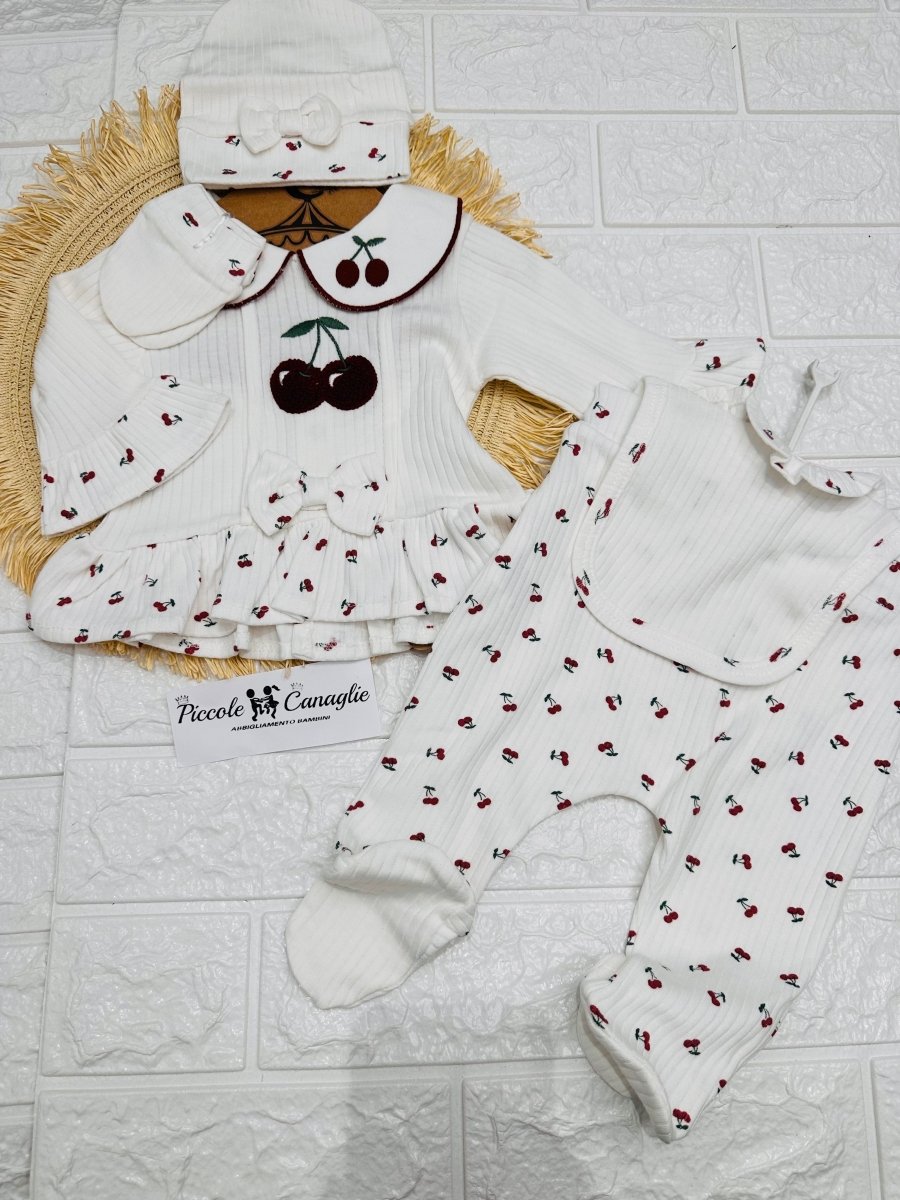 Tutina Completo Cotone Ciliege Bianco Con Accessori - Piccole Canaglie - PC26877